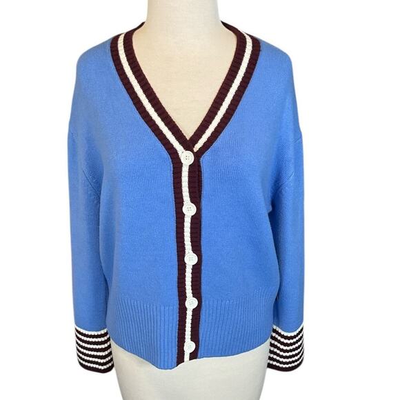 NWT French Connection Preppy Blue, White, Maroon Cardigan Small Button Down 90s - Picture 1 of 11